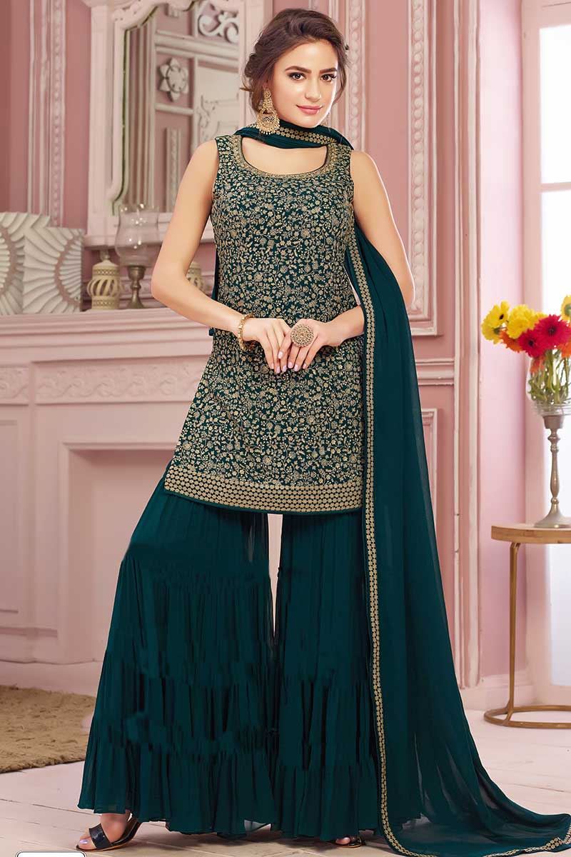 heavy embroidered palazzo suit