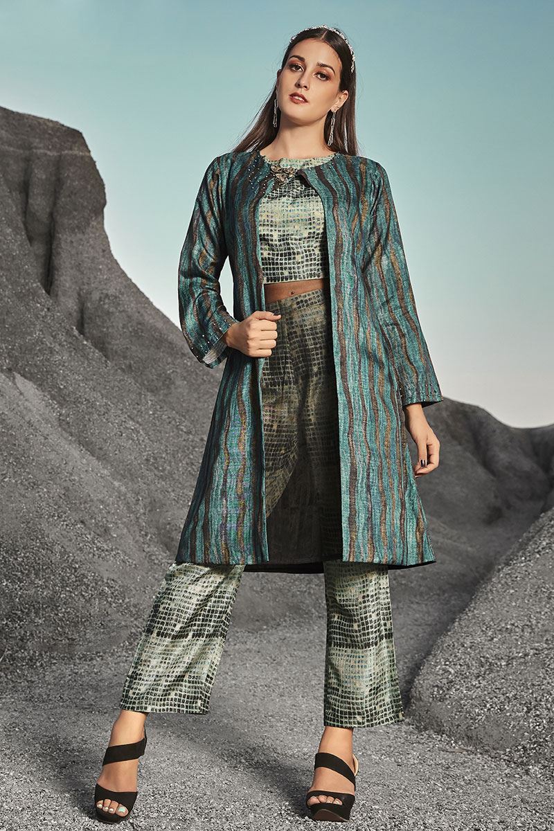Indian / Pakistani Desi SHALWAR KAMEEZ - Ivory Embroidered Jacket Kurti w  Pant | eBay