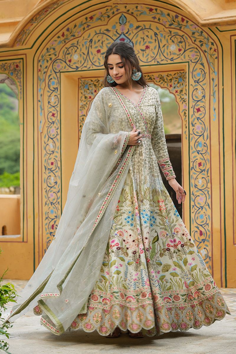 Pista Green Floral Embroidered Net Anarkali Style Gown