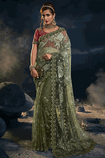 Picture of Astounding Olive Green and Red Colored Designer Saree