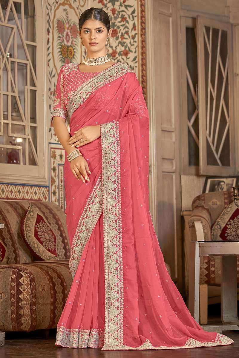 Enticing Coral Colored Designer Saree, Bollywood Saree latest collections