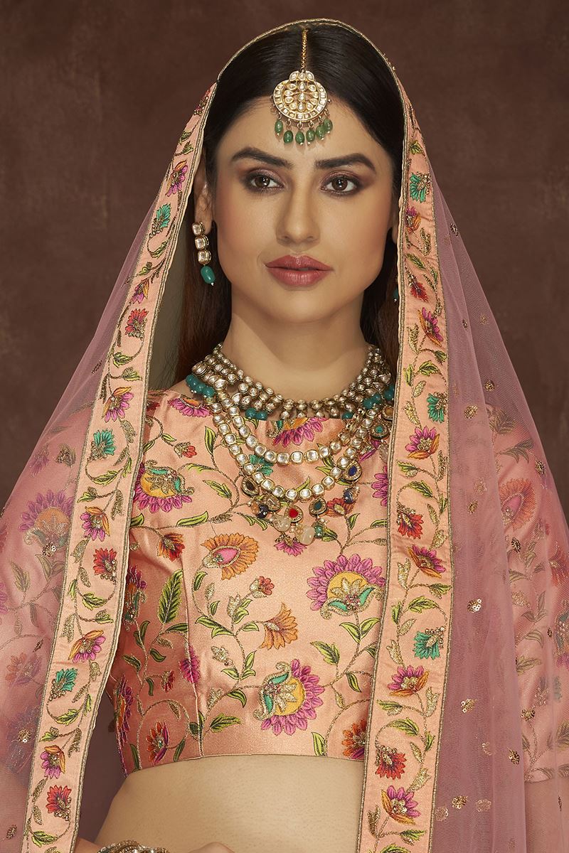 Peach Net Embroidered Lehenga Choli 230506