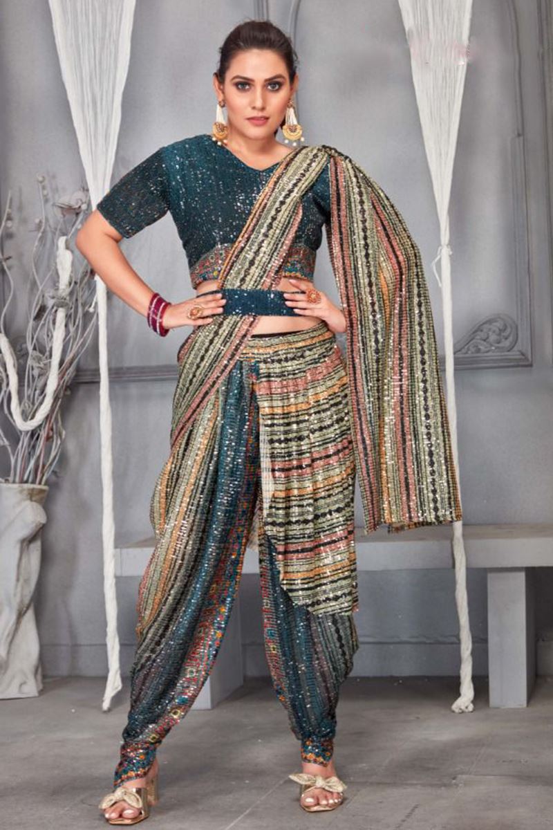 0126826 dashing teal colored dhoti style designer saree