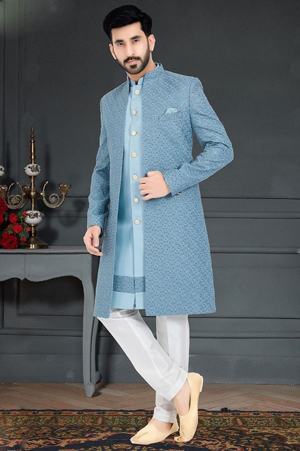 Picture of Enticing Powder Blue and Sky Blue Colored Designer Italian Indo Western