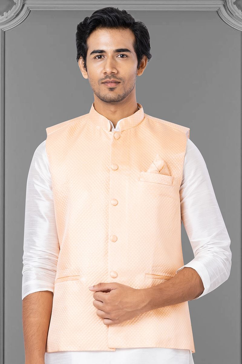 Sandal pure-silk jacket kurta set features sandal colour full-sleeve kurta  & pants, contrast intricate jacquard jacket
