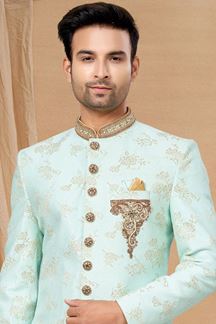 Picture of Outstanding Sea Green and Off-White and Maroon Colored Designer Indo-Western Readymade Sherwani