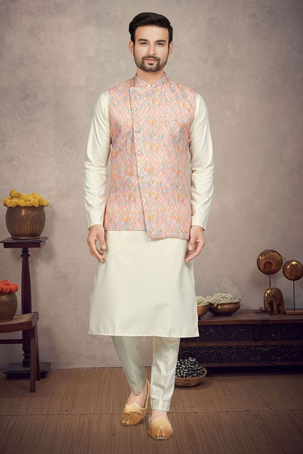 Picture of Artistic Cream Colored Designer Kurta Pajama Set