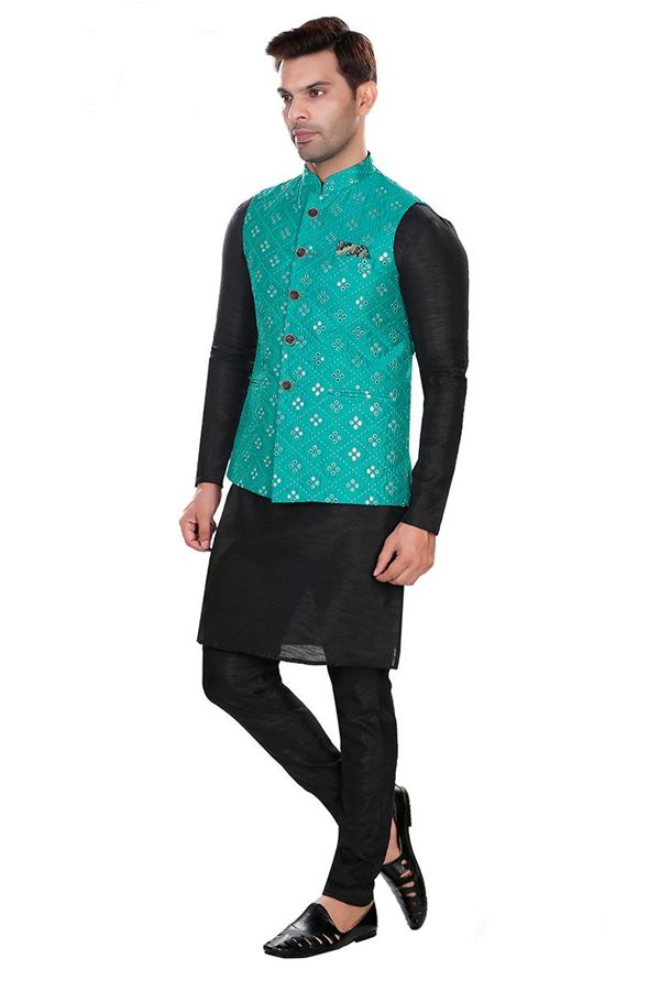 Picture of Delightful Black Colored Designer Readymade Kurta, Payjama with Jacket Sets