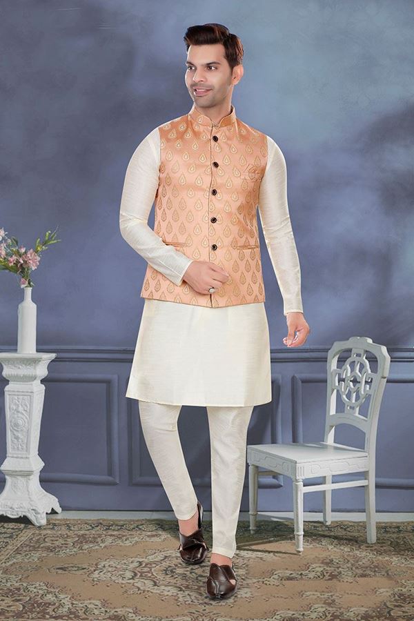 Picture of Aesthetic Cream Colored Designer Readymade Kurta, Payjama with Jacket Sets