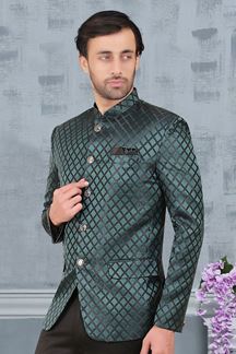 Picture of Aesthetic Teal Colored Designer Readymade Men's Jodhpuri Suit