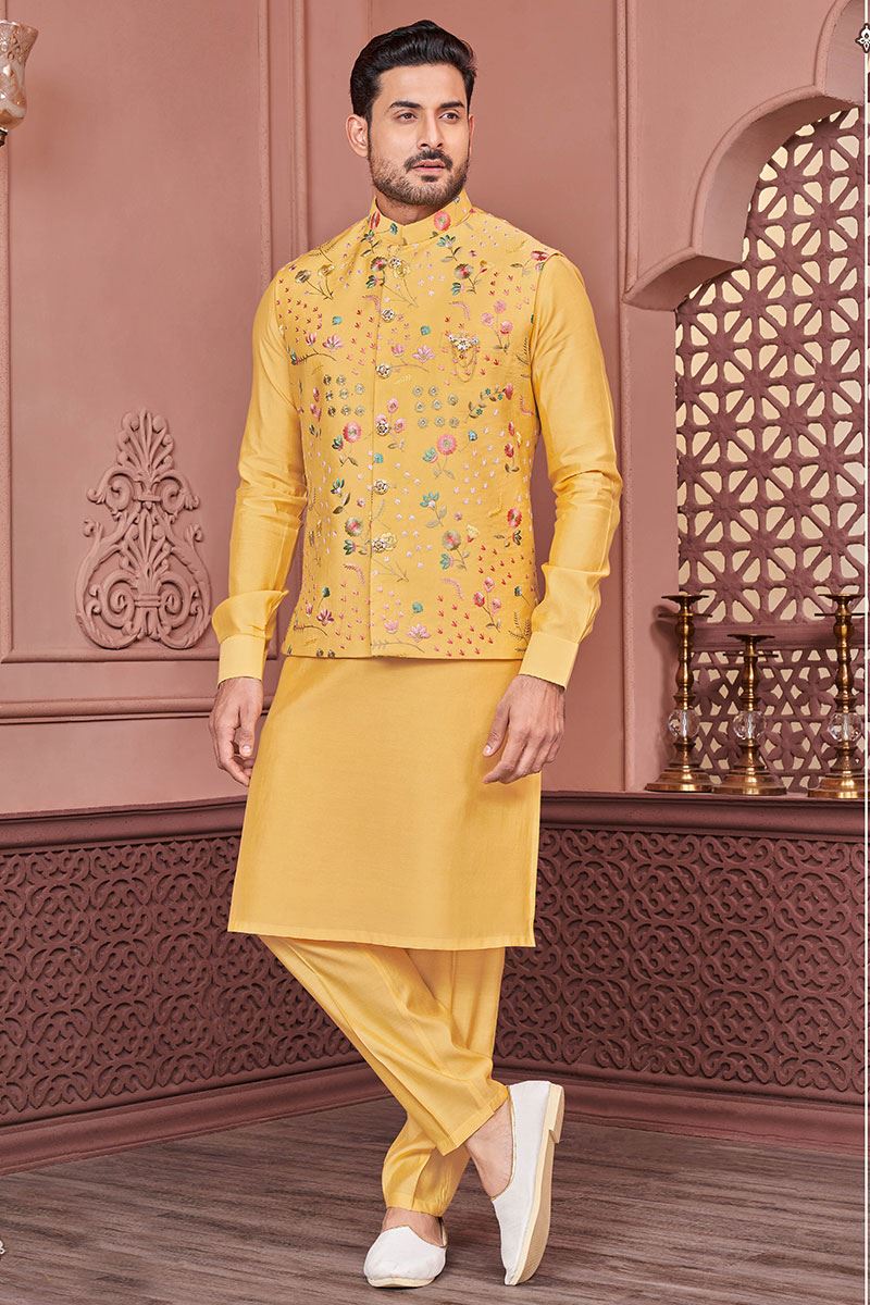 Yellow Self Brocade Design With Soft Silk Kurta Jacket Set