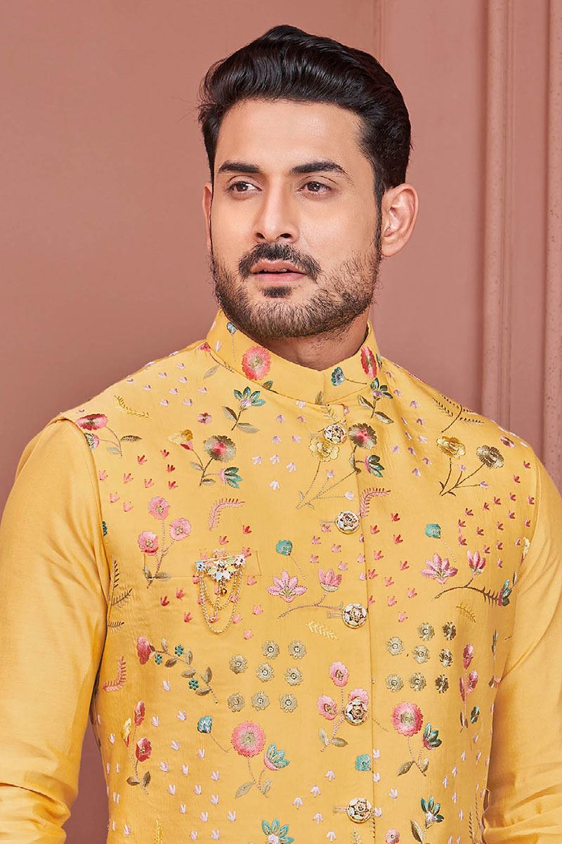 Buy KRAFT INDIA Men Gold Mirror Work Silk Kurta Jacket Set Size at Amazon.in