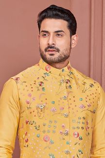 Picture of Attractive Mustard Designer Readymade Kurta Jacket Set for Wedding or Haldi