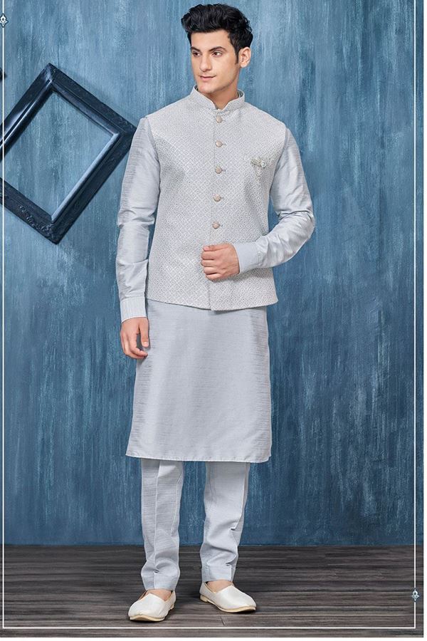 Picture of Exuberant Blue Colored Designer Readymade Kurta, Payjama, and Jacket Set for Wedding or Festive