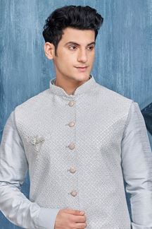 Picture of Exuberant Blue Colored Designer Readymade Kurta, Payjama, and Jacket Set for Wedding or Festive