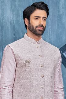 Picture of Charming Light Onion Colored Designer Readymade Kurta, Payjama, and Jacket Set for Wedding or Festive