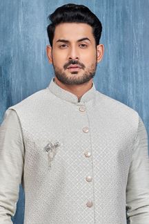 Picture of Exquisite Grey Colored Designer Readymade Kurta, Payjama, and Jacket Set for Wedding or Festive