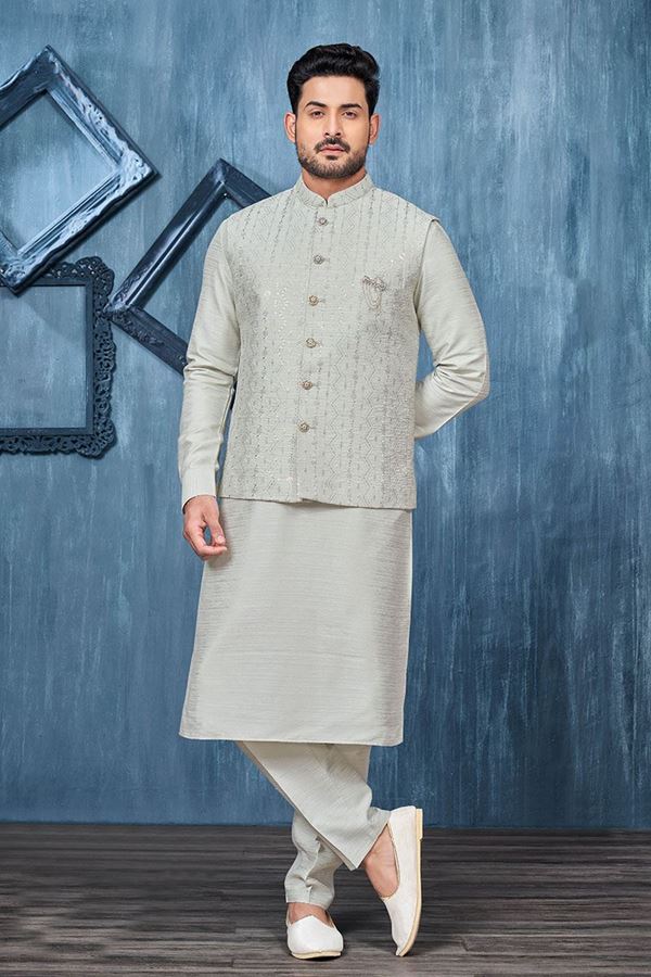 Picture of Stylish Grey Colored Designer Readymade Kurta, Payjama, and Jacket Set for Wedding or Festive