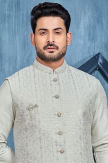 Picture of Stylish Grey Colored Designer Readymade Kurta, Payjama, and Jacket Set for Wedding or Festive