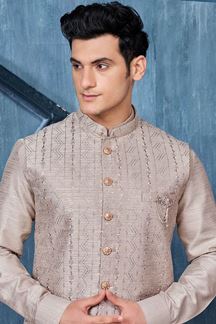 Picture of Aesthetic Dessert Brown Colored Designer Readymade Kurta, Payjama, and Jacket Set for Wedding or Festive