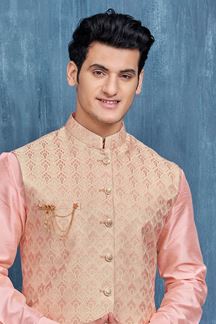 Picture of Artistic Pink and Cream Colored Designer Readymade Kurta, Payjama, and Jacket Set for Wedding or Festive