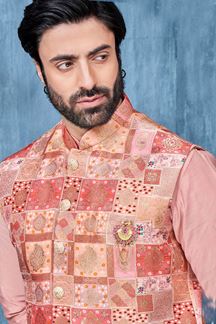 Picture of Delightful Peach and Multi Colored Designer Readymade Men’s Wear Kurta and Jacket Set for Wedding, Engagement, or Festive