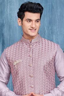 Picture of Artistic Dark Lavender Colored Designer Readymade Men’s Wear Kurta and Jacket Set for Wedding, Engagement, or Festive