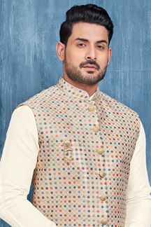 Picture of Impressive Cream and Multi Colored Designer Readymade Men’s Wear Kurta and Jacket Set for Wedding, Engagement, or Festive