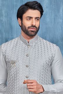 Picture of Enticing Grey Colored Designer Readymade Men’s Wear Kurta and Jacket Set for Wedding, Engagement, or Festive