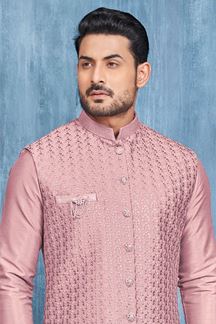 Picture of Aesthetic Dark Onion Colored Designer Readymade Men’s Wear Kurta and Jacket Set for Wedding, Engagement, or Festive