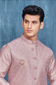 Picture of Exquisite Onion Colored Designer Readymade Men’s Wear Kurta and Jacket Set for Wedding, Engagement, or Festive