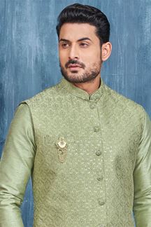 Picture of Charming Green Colored Designer Readymade Men’s Wear Kurta and Jacket Set for Wedding, Engagement, or Festive