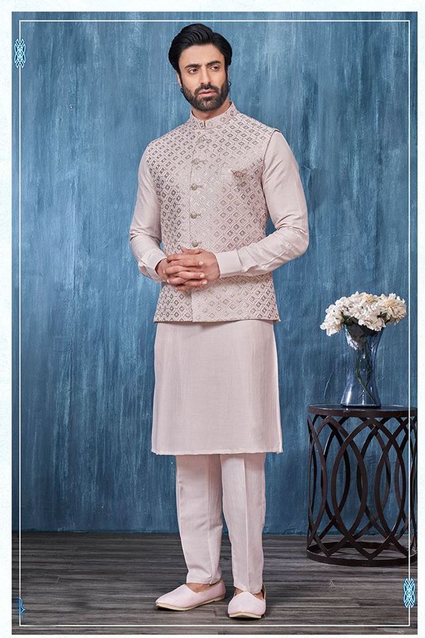 Picture of Exuberant Light Biscuit Colored Designer Readymade Men’s Wear Kurta and Jacket Set for Wedding, Engagement, or Festive