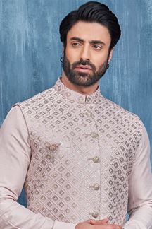 Picture of Exuberant Light Biscuit Colored Designer Readymade Men’s Wear Kurta and Jacket Set for Wedding, Engagement, or Festive