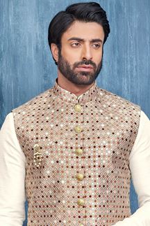 Picture of Delightful Cream and Biscuit Colored Designer Readymade Men’s Wear Kurta and Jacket Set for Wedding, Engagement, or Festive