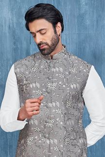 Picture of Aesthetic White and Grey Colored Designer Readymade Men’s Wear Kurta and Jacket Set for Wedding, Engagement, or Festive