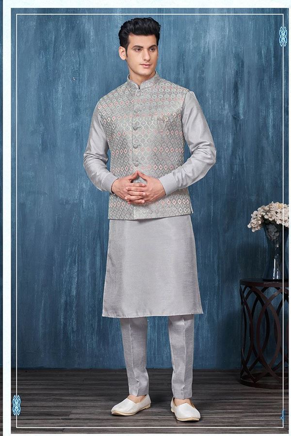 Picture of Appealing Grey Colored Designer Readymade Men’s Wear Kurta and Jacket Set for Wedding, Engagement, or Festive