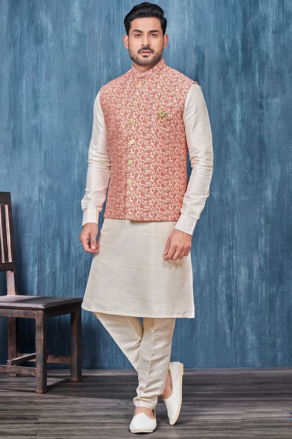 Picture of Elegant Cream and Pink Colored Designer Readymade Men’s Wear Kurta and Jacket Set for Wedding, Engagement, or Festive