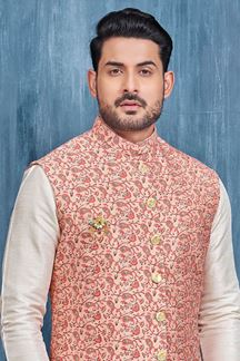 Picture of Elegant Cream and Pink Colored Designer Readymade Men’s Wear Kurta and Jacket Set for Wedding, Engagement, or Festive