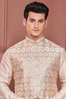 Picture of Fancy Beige Colored Designer Readymade Men’s Wear Kurta and Jacket Set for Wedding, Engagement, or Festive