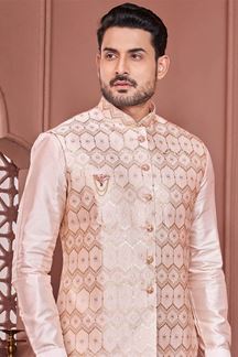 Picture of Marvelous Peach Colored Designer Readymade Men’s Wear Kurta and Jacket Set for Wedding, Engagement, or Festive