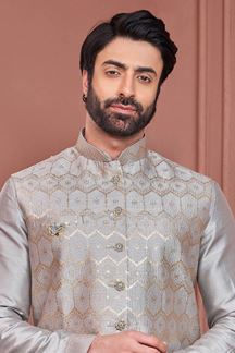 Picture of Magnificent Grey Colored Designer Readymade Men’s Wear Kurta and Jacket Set for Wedding, Engagement, or Festive