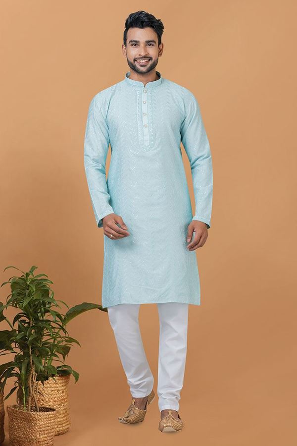 Picture of Impressive Sky Blue Mens Designer Kurta and Churidar Set for Festive or Engagement