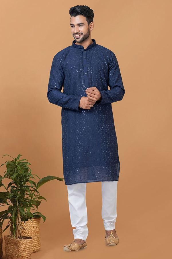 Picture of Awesome Navy Blue Mens Designer Kurta Set for Festive or Sangeet