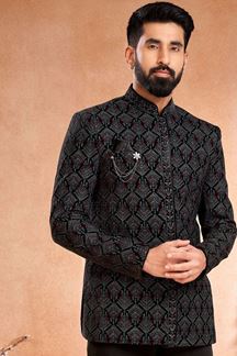 Picture of Artistic Black Velvet Designer Bandhgala Menswear Jacket for Engagement, and Reception