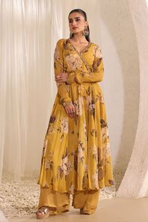 Picture of Glorious Yellow Organza Floral Printed Designer Suit for Haldi and Mehendi