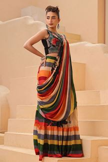 Picture of Gorgeous Striped Designer Pre-Draped Saree With Skirt for Party and Sangeet 