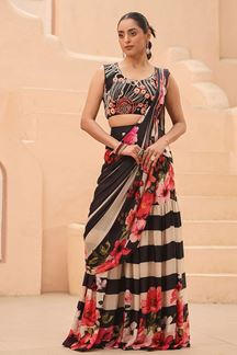 Picture of Surreal Black and White Printed Designer Pre-Draped Saree With Palazzo for Party
