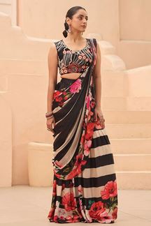 Picture of Surreal Black and White Printed Designer Pre-Draped Saree With Palazzo for Party