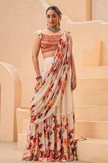 Picture of Classy Floral Printed  Designer Ready to Wear Saree With Skirt for Haldi and Mehendi